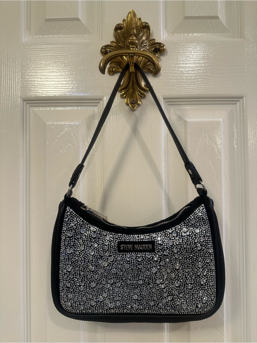Steve Madden Black Knit Rhinestone/Crystal Short Shoulder Bag Mini Purse 8x5x2